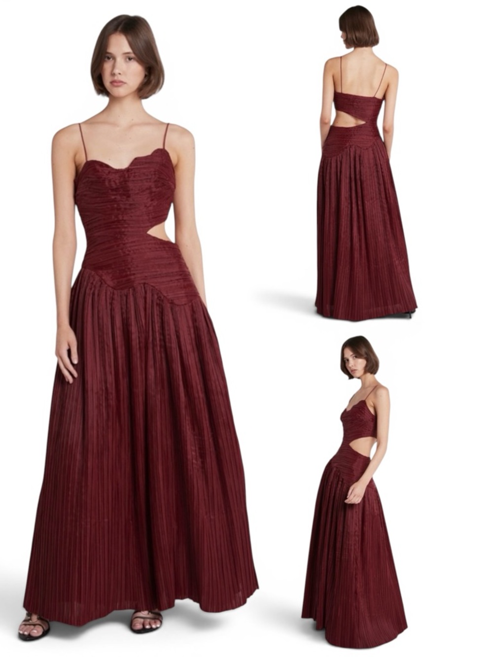 Aje Laurier Wave Maxi Dress Burgundy Red Plissé-Organza Waist Cut-out Gown 12/L‎